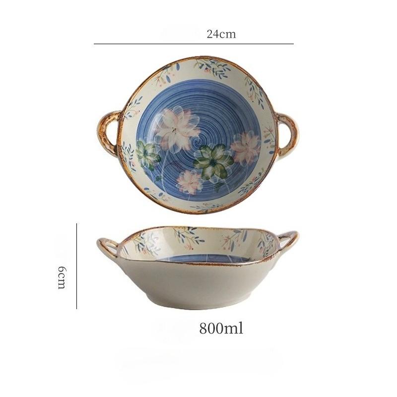 Keramická polévková mísa v japonském stylu s uchem 800 ml, Květinová servírovací mísa s podglazurní barvou na dušené maso, těstoviny, cereálie, Vhodná do mikrovlnné trouby a trouby, 1 ks