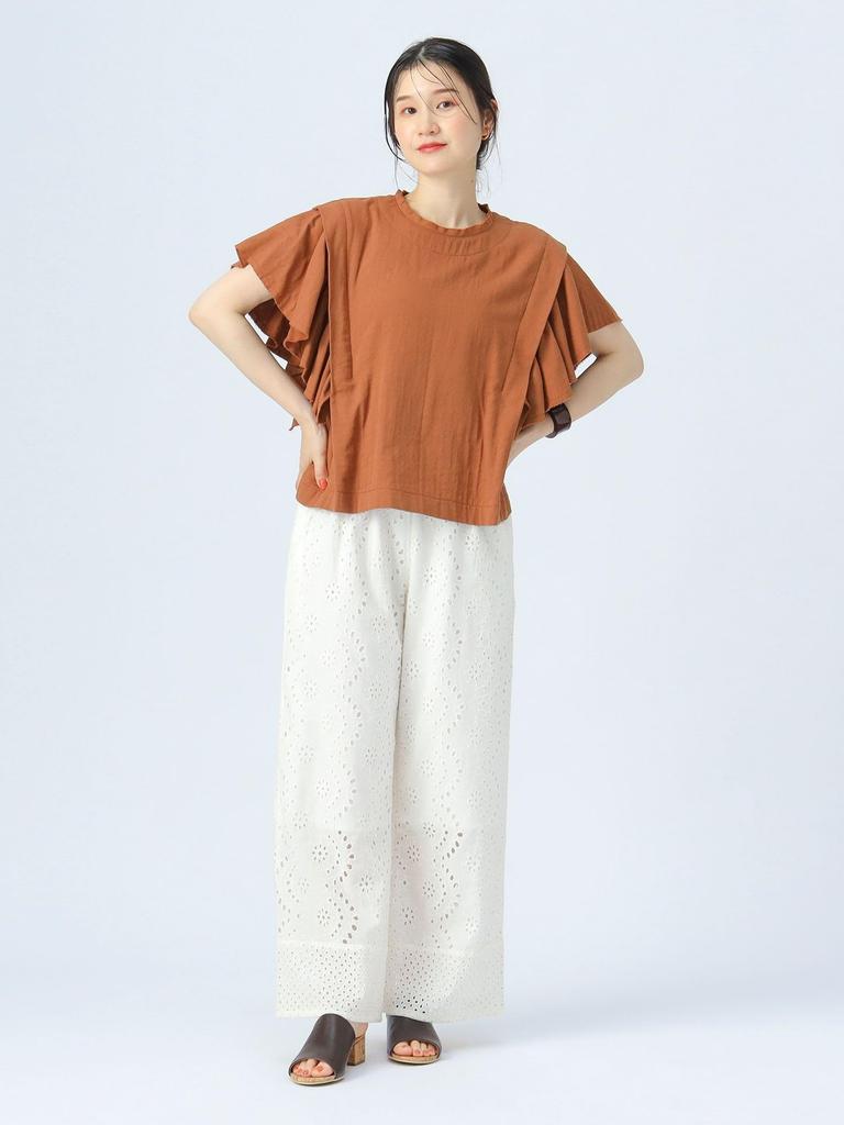 Beams Heart Twill Gauze Frill Sleeve One Size Women's S/S Blouse, Brown,