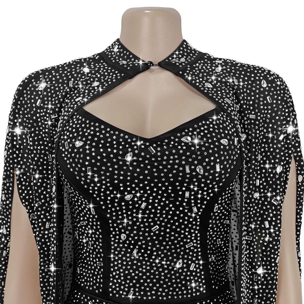 C7292 Europeisk & Amerikansk Mode Dam Sexig Strass Bodycon Genomskinlig Sjal Klänning