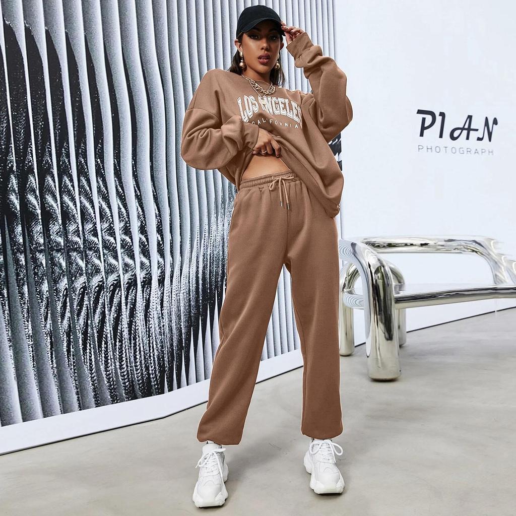 Mode Lässig Große Damen Zweiteilige Frühling Einfarbig Druck Set