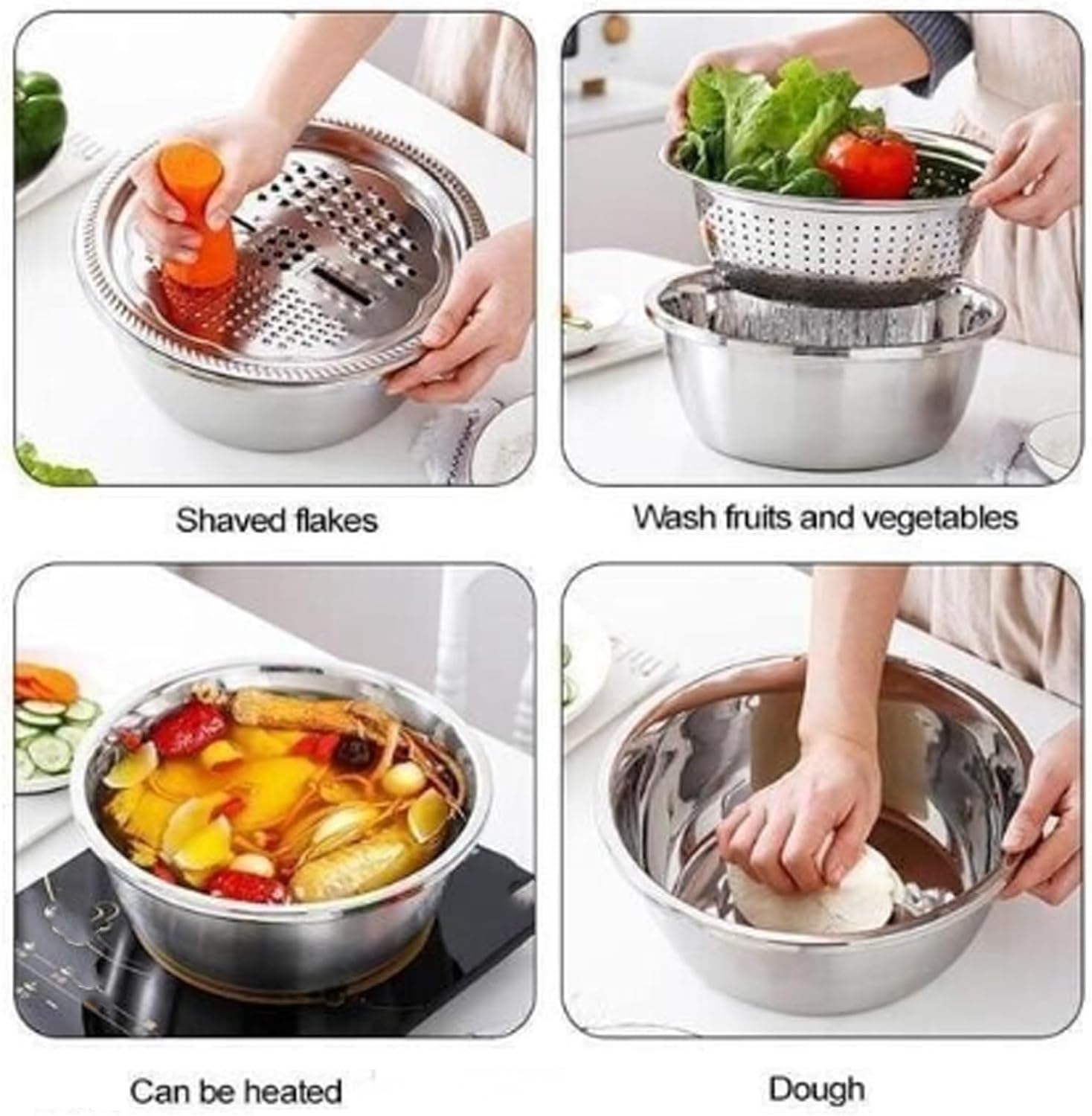 3 Bols Multifonctions En Acier Inoxydable Avec Râpe Et Passoires - Empilables, Pour Légumes, Fruits, Salades