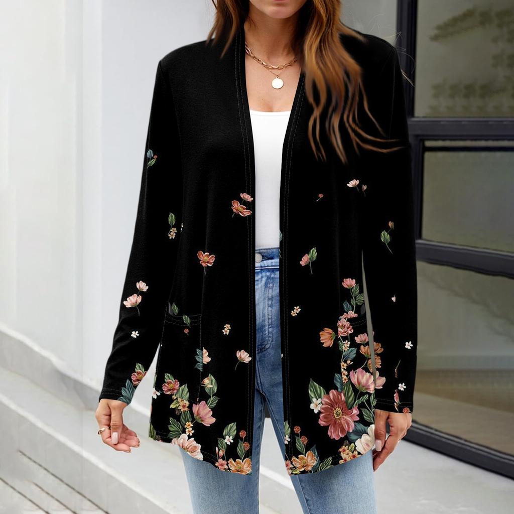 Dámské lehké kardigany s otevřeným předním dílem, dlouhým rukávem, ležérního volného střihu, tenké kardigany s kapsami