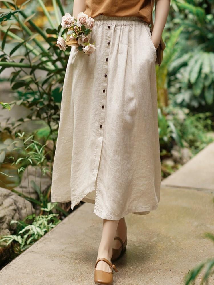 

Johnature женские винтажные льняные юбки на пуговицах однотонные летние повседневные юбки с эластичной резинкой на талии и карманами