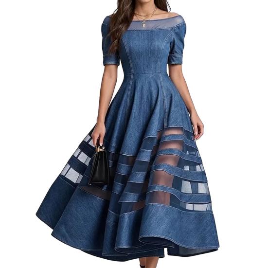 Women s Off Shoulder Denim Short Sleeve A-line Dress Mesh Patchwork Swing Dress Summer S