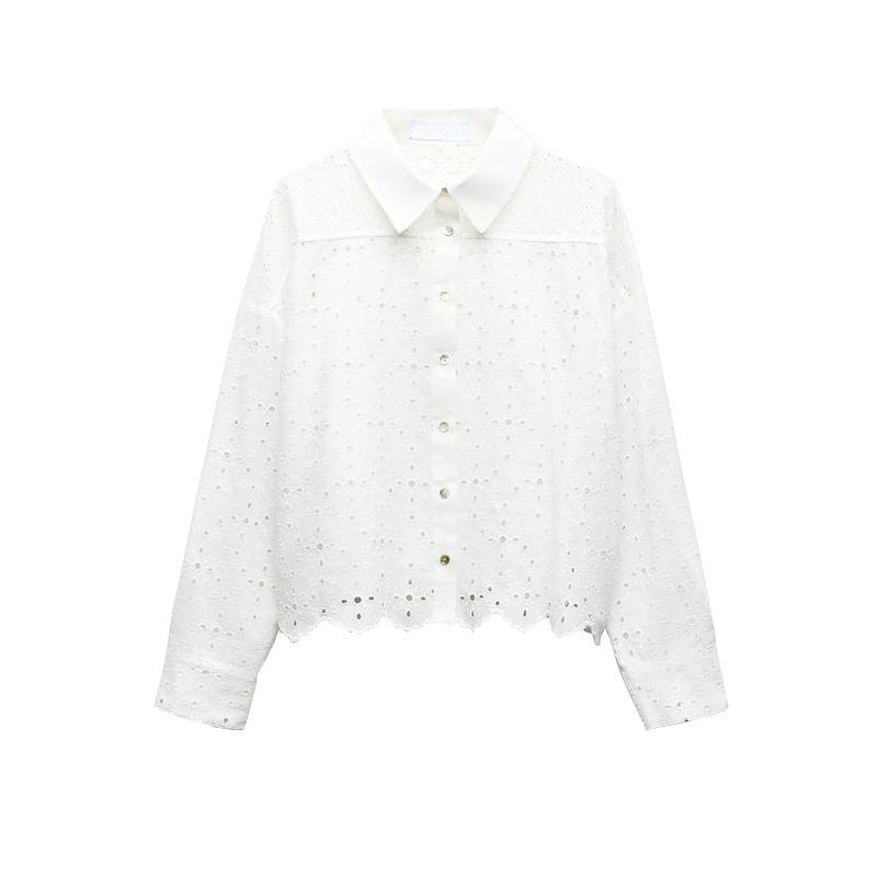 Spring New Long Sleeve Lapel Hollow Embroidery Shirts 3666088 High Waist Pleated Midi Dress 3564088