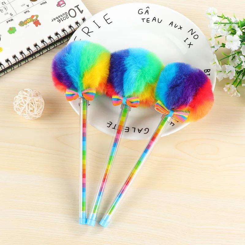 1Pcs 0.5mm Gel Pen Colorful Rainbow Plush Fountain Signing Black Ink Color Pen Office School Pencil Lollipop