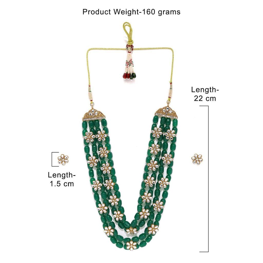 Green Beads & Floral Kundan Necklace Set For Women
