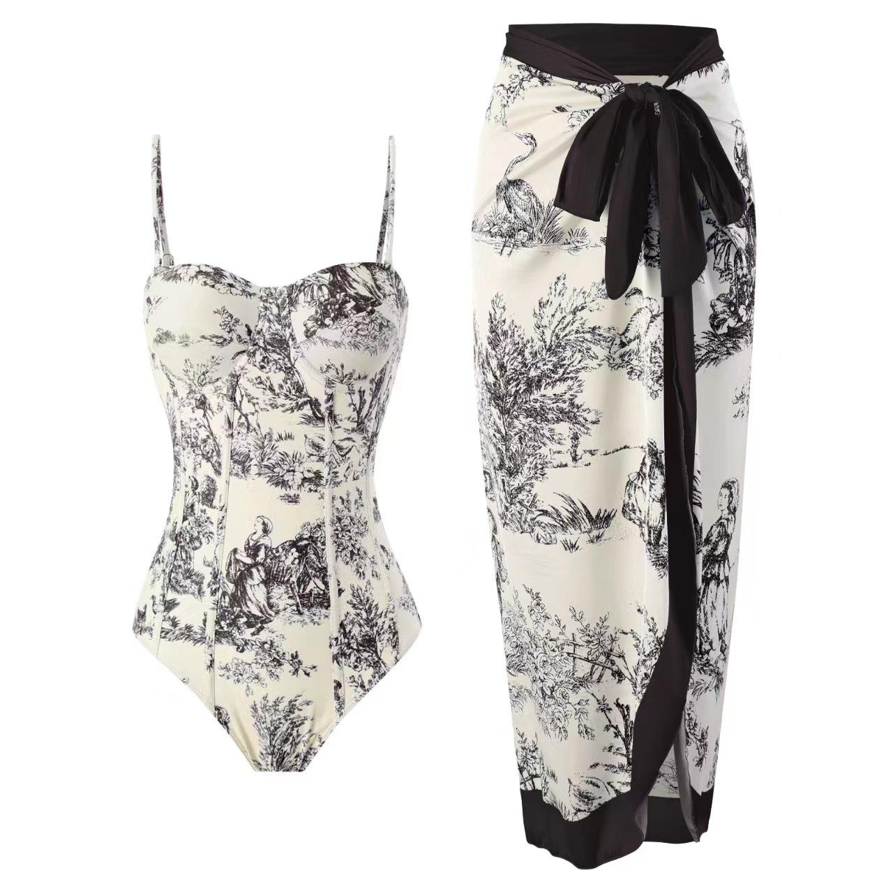 2026 Retro Print Women s Swimwear: One-Piece Swimsuit and Bikini with Sun Protection Long Dress - Two-Piece Set S