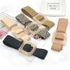 Summer Women Braided Belt Square Wooden Buckle Vintage Boho Straw Woven Belt
