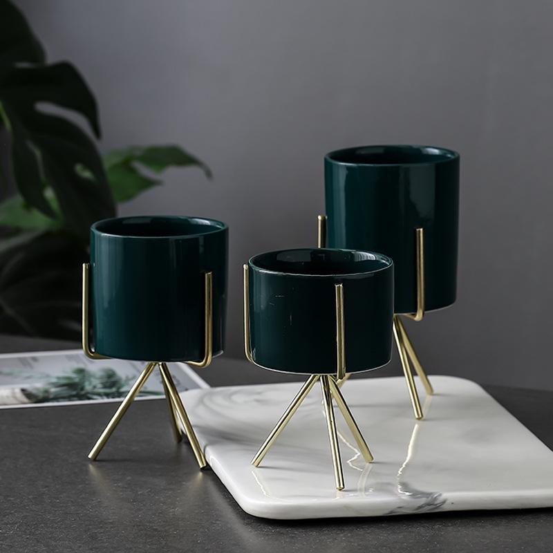 Set aus 3 Keramik-Blumentöpfen mit Eisenständer für Sukkulenten Schreibtisch Keramik-Blumenvase Heim-Garten-Dekoration