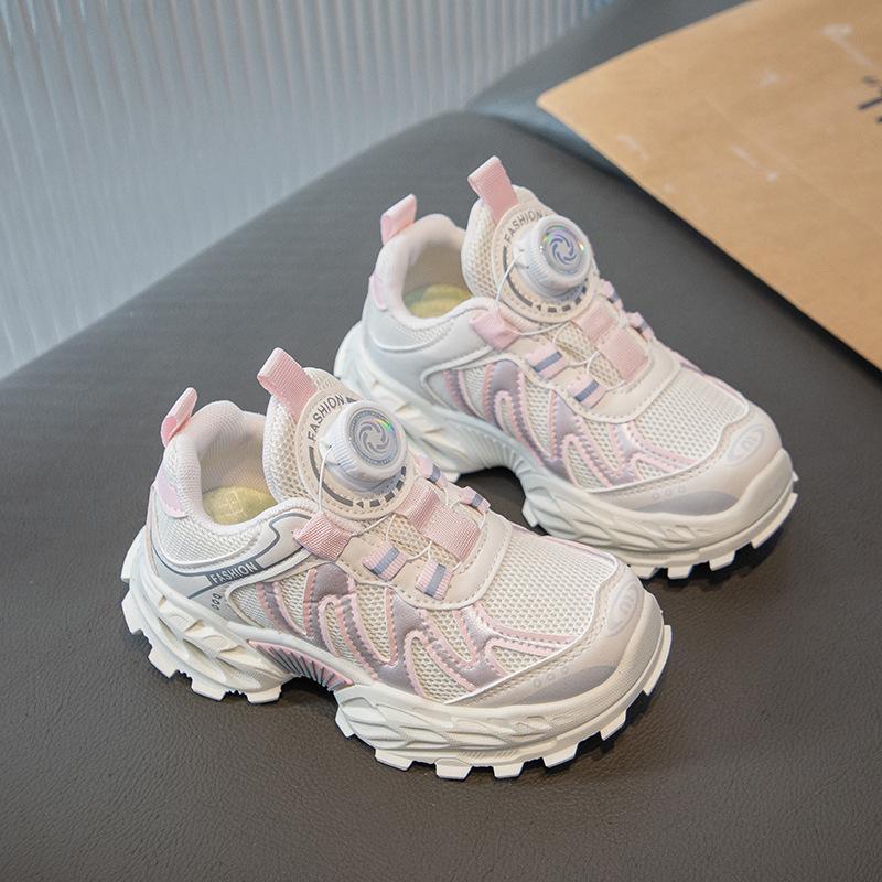 Kids Pink White Rotary Buckle Mesh Sneakers 26 розовый