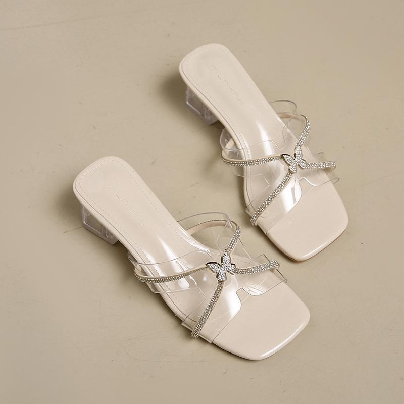 Mode CRLAYDK Sommer Damen Chunky Low Heel Sandalen Offene Zehenpartie Transparent Slip On Damen Elegant Lässig Party Walking Reise Schuhe