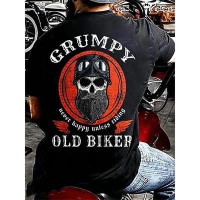 Tricou supradimensionat pentru bărbați, mărime europeană, cu imprimeu grafic 3D - Slogan inspirat de motocicliști „Grumpy Old Biker” și imprimeu cu craniu, negru cu inscripții roșii