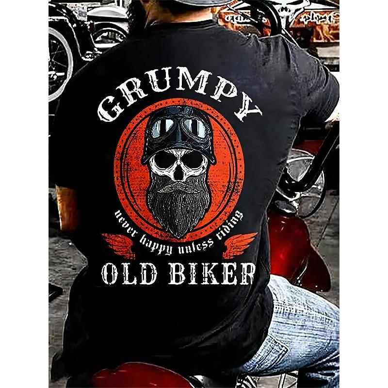 

European Size Men S Oversized 3D Graphic T-Shirt - Biker-Inspired Grumpy Old Biker Slogan & Skull Print, Black with Red Lettering S