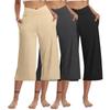 3 Pack Women Elastic High Waist 3/4 Pant Casual Active  Fit Wide Capris Leg Pants Trousers With Pockets