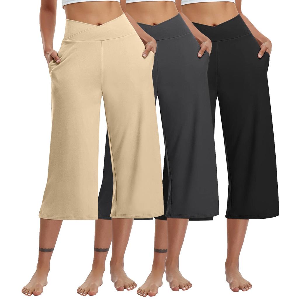 3 Pack Women Elastic High Waist 3/4 Pant Casual Active  Fit Wide Capris Leg Pants Trousers With Pockets