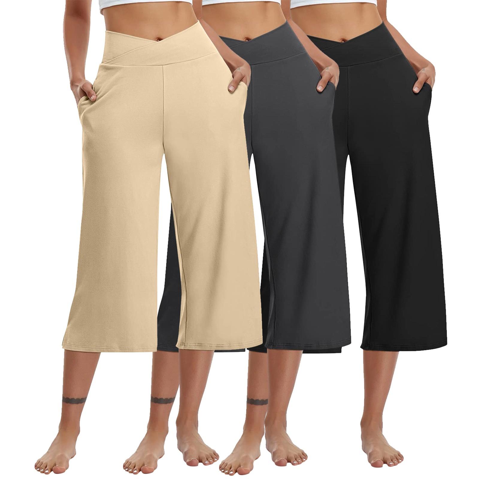 

3 Pack Women Elastic High Waist 3/4 Pant Casual Fit Wide Capris Leg Pants Trousers With Pockets L
