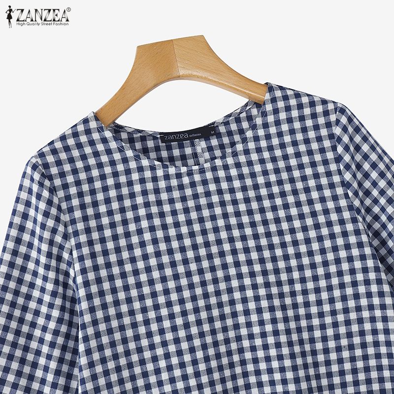 ZANZEA Women Plaid Print Casual Round Neck 3/4 Sleeve Loose Dress