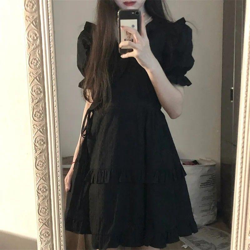 Koreanische Version des Retro-Kleides in reiner Farbe mit Holzohren, Puppenkragen, Taillenumrandung, Kleid für Studentinnen, Sommer-A-Linien-Rock