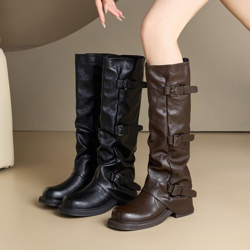 Long boots women's new autumn and winter thick-soled heightening knight boots versatile and thin pleated medium boots stacked boots