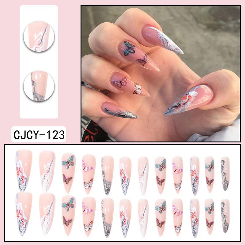 Long Press-On Nails With Adhesive Tabs Full Cover Fake Women INS Style Acrylic Nail Tips Reusable Wearable Art