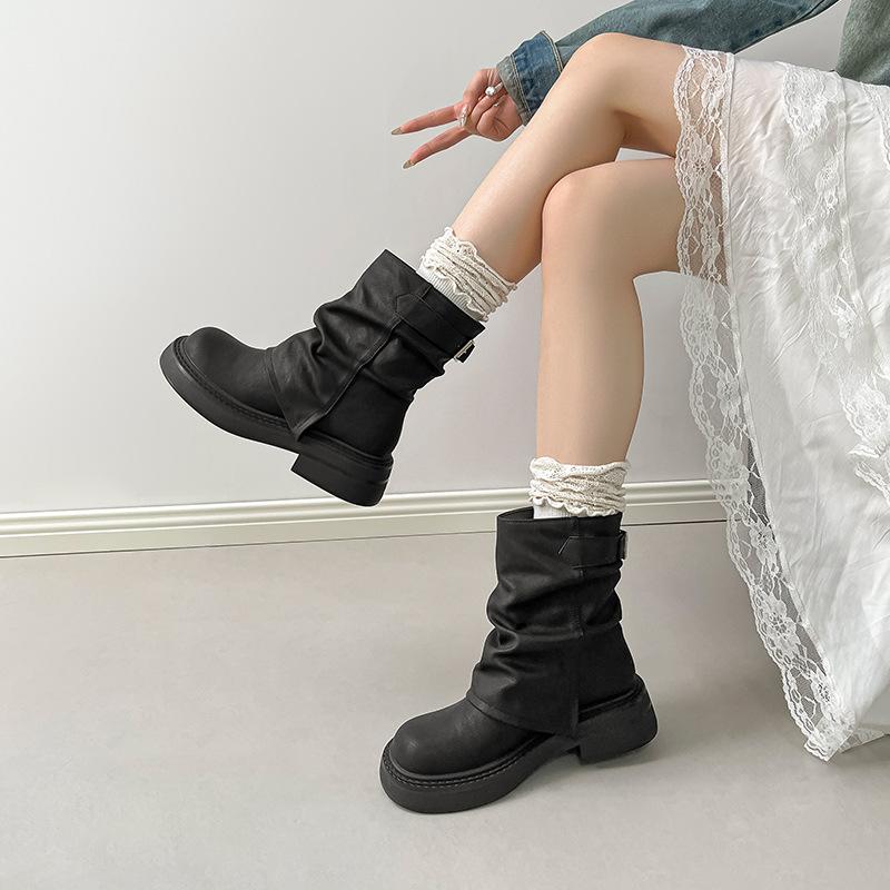 Korean British Style Platform Martin Boots Women's 2025 Autumn and Winter New Stacking Boots Round Head Thick Heel Trouser Tube Boots Short