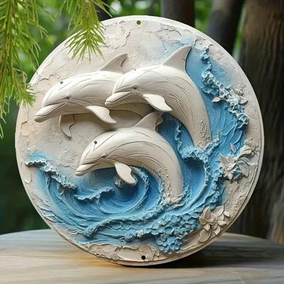 Handgefertigtes Metall-Delfin-Kranzschild, 3D-geprägtes rundes Wandbild, Küchen-Heimdekoration, Geschenk für Mama