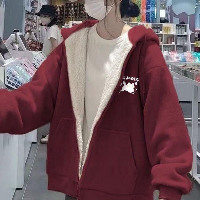 Women's Lambswool Hooded Sweatshirt - Winter 2025 Style, Plus Velvet, Thickened, Loose Cardigan, Trendy and Warm Outerwear for Students.