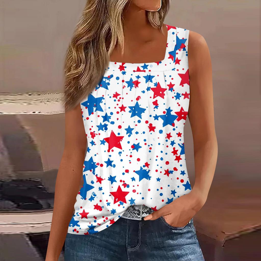 Women's Summer Casual Pleated Square Neck Sleeveless Tank Top Printed T-Shirt