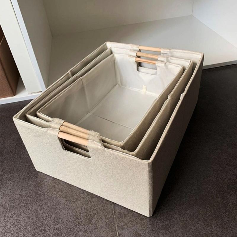 Sturdy Fabric Storage Bin With Reinforced Bottom Wooden Handles for Bedroom Office