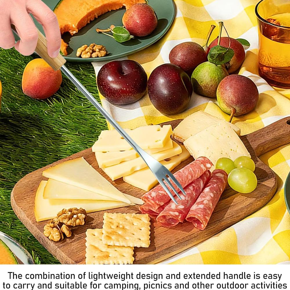 Stainless Steel Fondue Forks with Wooden Handle - Long Chocolate Cheese Fondue Dipping Tools Dessert Sticks for BBQ Marshmallows