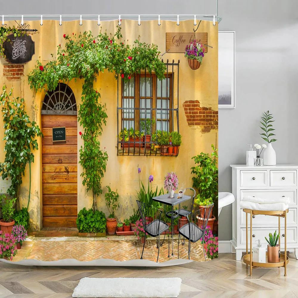 Greek Town Street View Shower Curtain Blue Wooden Doors Windows Flower Plant Wall Decor Bathroom Hanging Curtains Set With Hooks