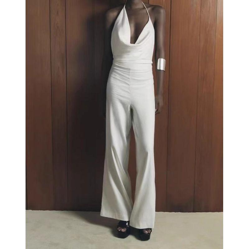 

Заказ внешней торговли Za Необычный воротник-стойка на бретелях Дизайн с отложным воротником Сексуальный большой открытый вырез на спине Белый льняной комбинезон White M