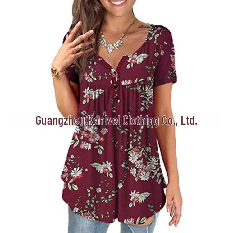 Women Casual Floral Print Short Sleeve Henry Shirt Summer 2026