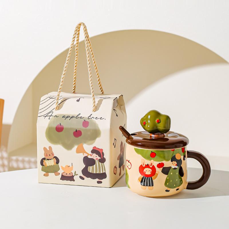 Apple Tree Girl Ceramic Vintage High Value With Lid Spoon Office Water Cup Coffee Cup Breakfast Cup