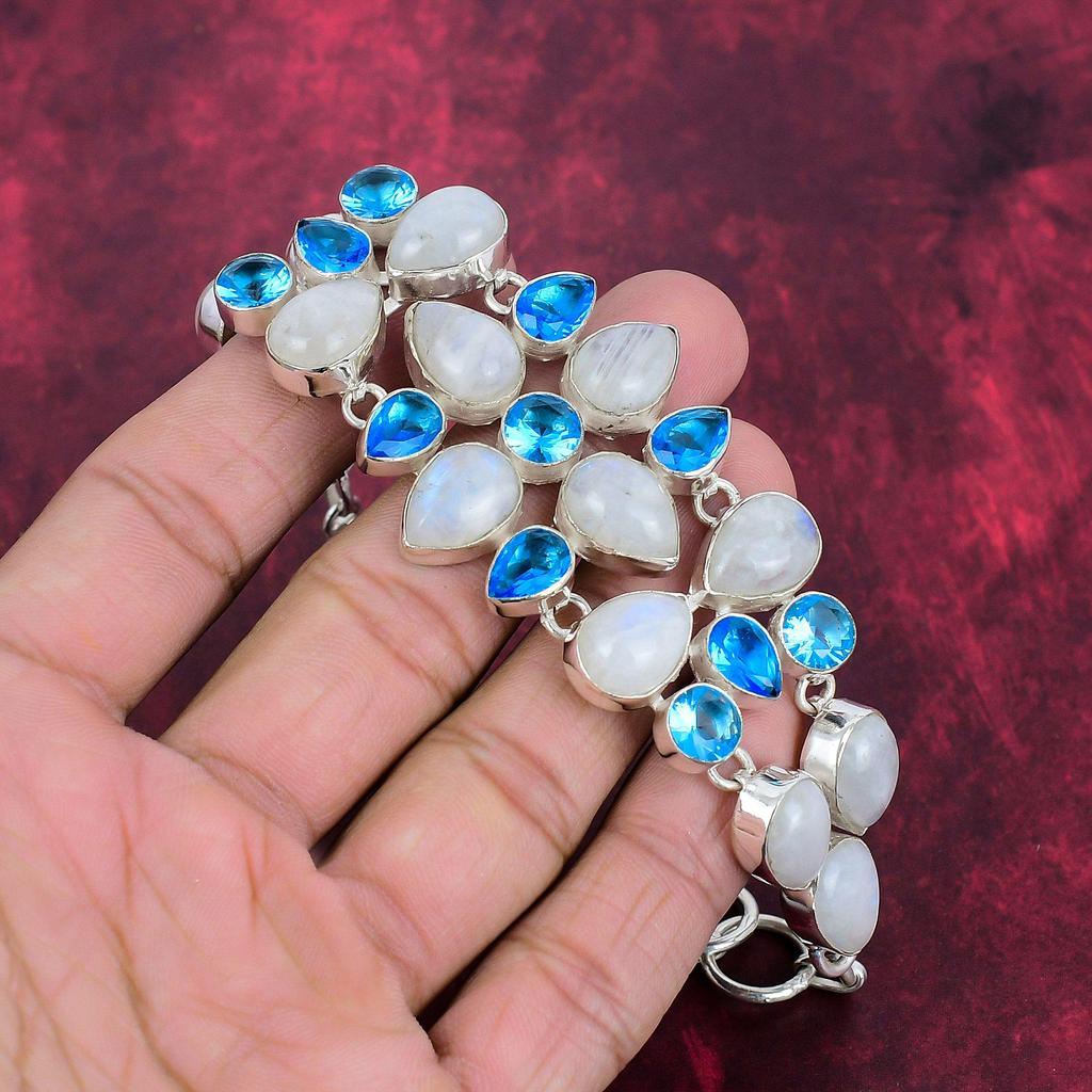 Moonstone, Blue Topaz Jewelry, 925 Solid Sterling Silver Gemstone Bracelet, Handmade Jewelry, For Memorial Day