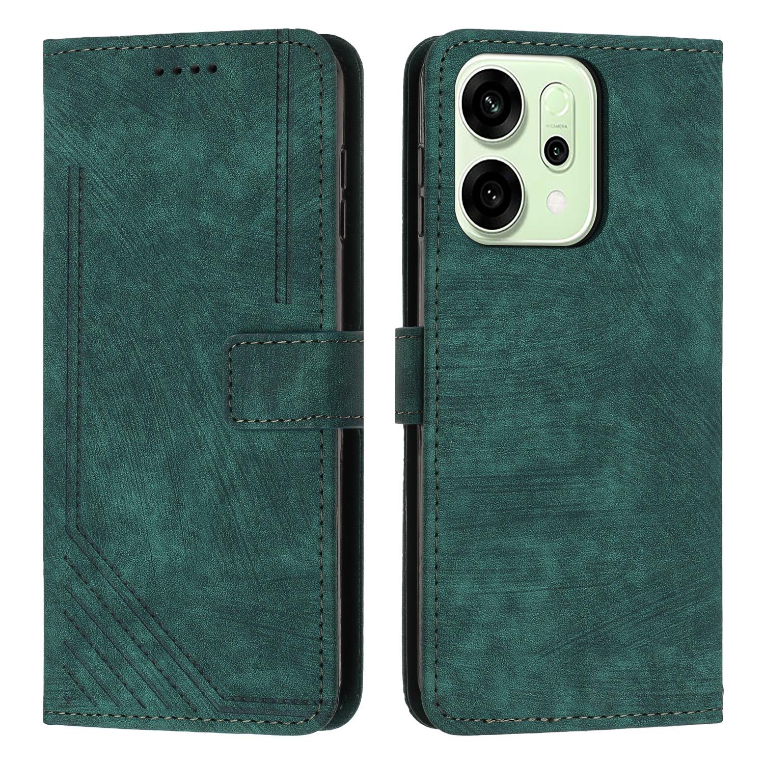 

For Oppo Reno14 Pro 5G (China)/Oppo Reno14 Pro 5G (Global) Stand Case Imprinted Lines Leather Phone Cover Green