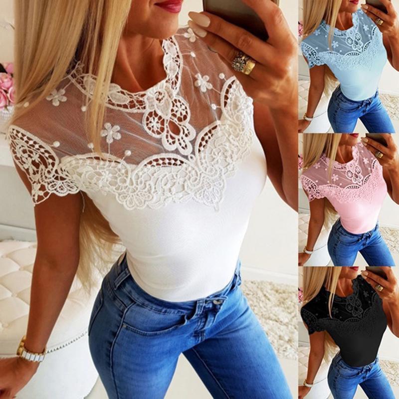 Summer Women Short Sleeve Lace Seethrough Top Fashion Frilled Hollow Top Out