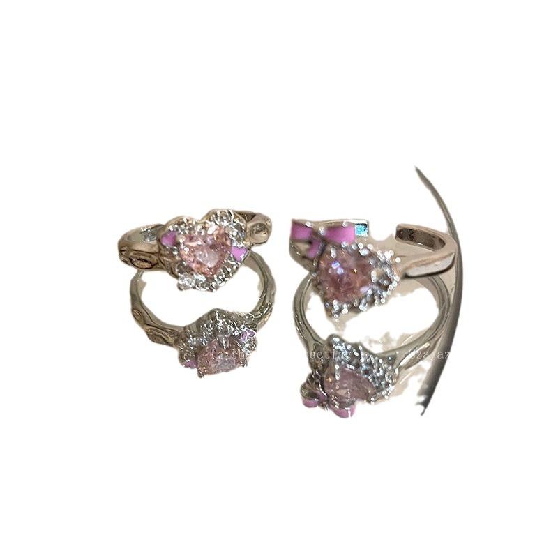 Light Luxury Heart-Shaped Zircon Ring Opening Design Female Sweet Cool Versatile Personalized Ring Niche High-End Fashionable
