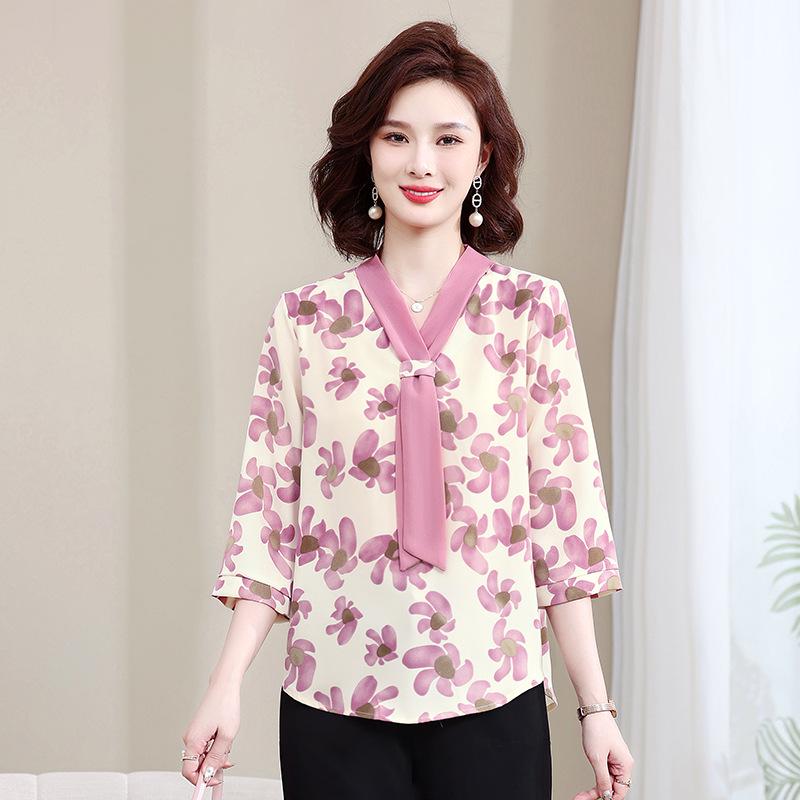 

Модная шифоновая блузка для женщин среднего возраста: Стильный летний топ с рукавом 7/8 XL (90-110 jin)