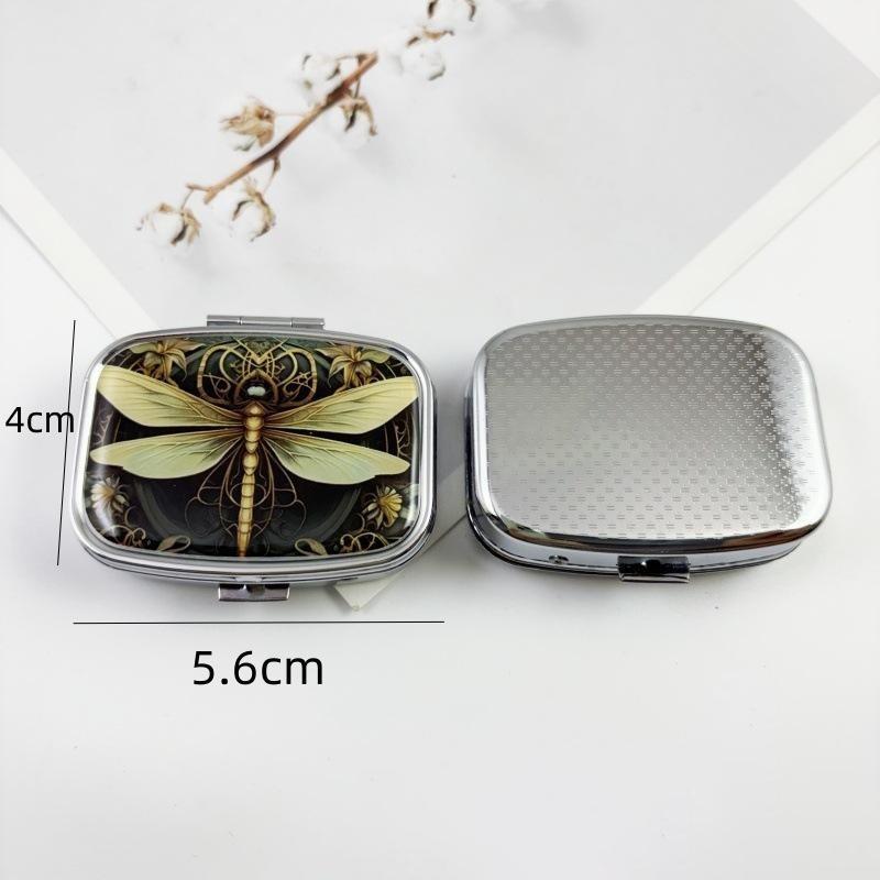 Square Two Compartment Metal Pill Box Portable Pill Box Stained Glass Insect Print Medicine Container For Travel Daily Carry