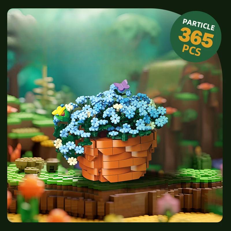 365PCS Blue Snow Flowers Building Blocks Preserved Potted Flowers Model Bricks Home Decoration Diy Toys For Kids Holiday Gifts