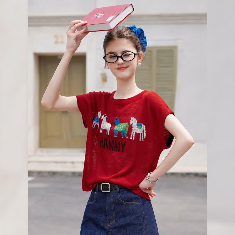 Bailuyu Women s Embroidered Short Sleeve Knit Top L
