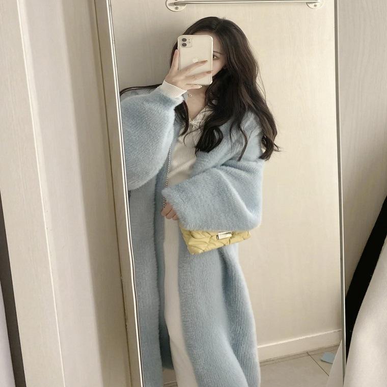 

Жіночий ретро-шик пальто-светр з норки та кашеміру - Ледачий стиль, середньої довжини, вище коліна, вільного крою, в язаний кардиган для осені та зими. One Size небо синє кольору