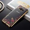 Rose Gold Plating Frame Clear Soft TPU Back Cover Bling Diamond Flower Case For iPhone/Samsung