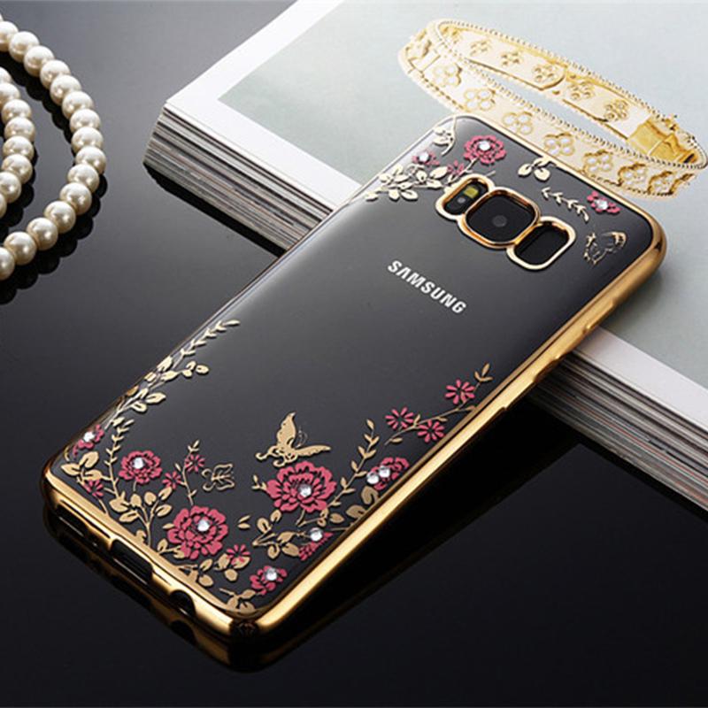 Rose Gold Plating Frame Clear Soft TPU Back Cover Bling Diamond Flower Case For iPhone/Samsung