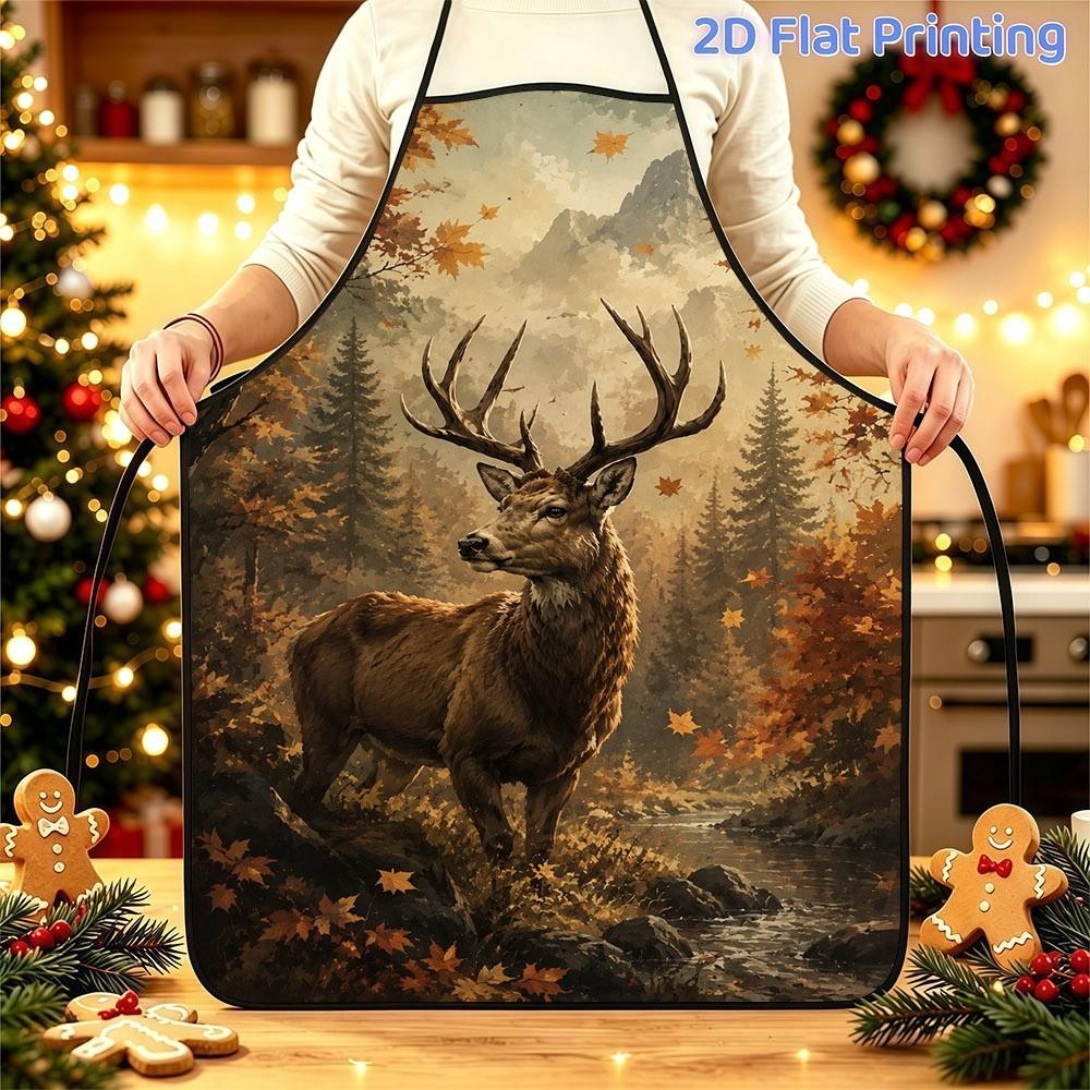1pc Autumn Forest Stag Pattern 2D Printed Apron with Adjustable Waistband, Made of Polyester, Size 51.99 cm X 73.0 cm, Suitable for Baking, Grilling,