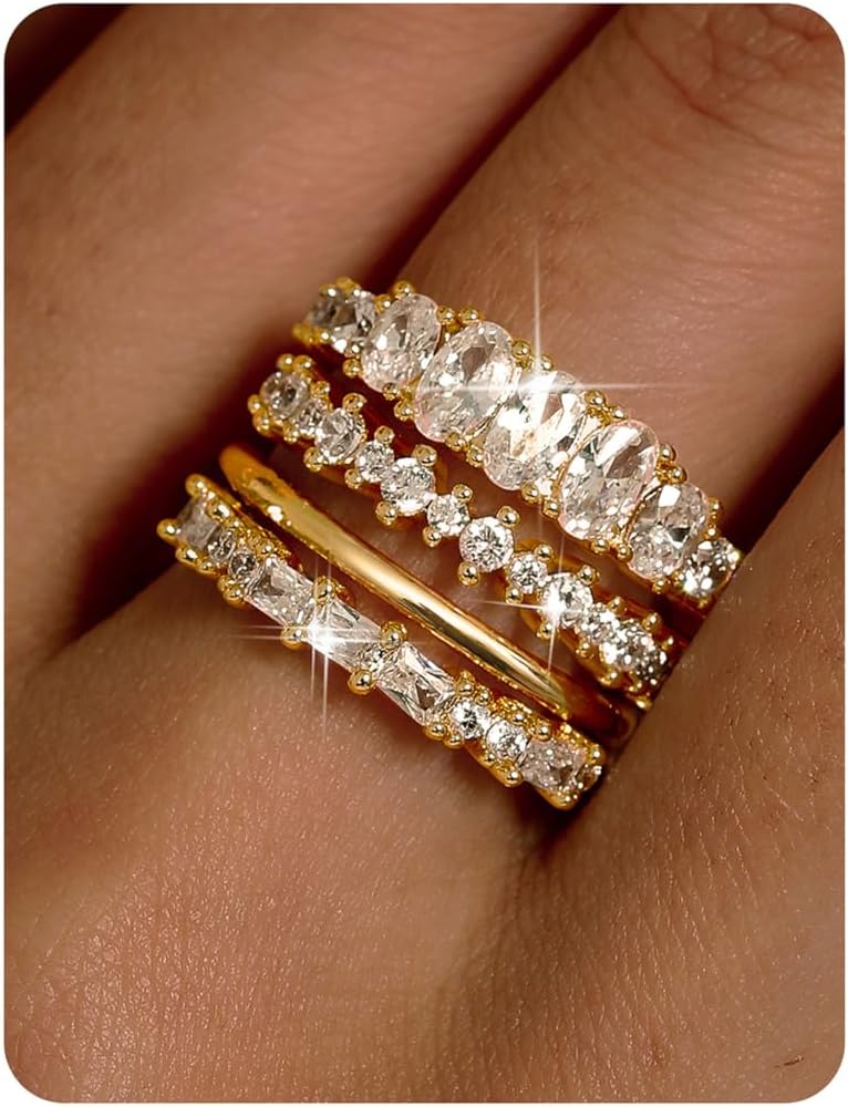 

Bobisty 14K Gold Plated Stackable Rings for Women Non Tarnish Dainty Cubic Zirconia Wedding Bands Engagement Promise Ring Set 5&4Pcs