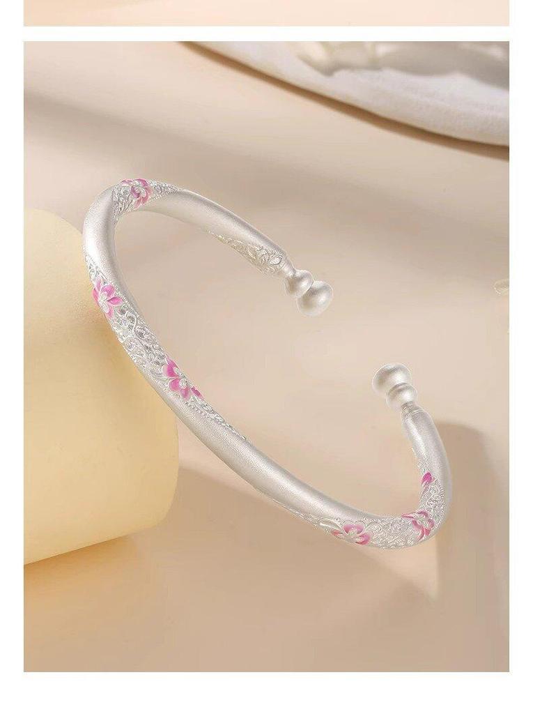 Sterling Silver 9999 Enamel Gourd Flower Twisted Bangle for Women - New Chinese National Style Bracelet