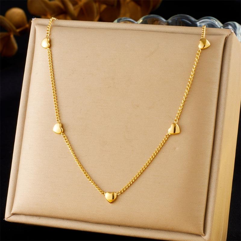 Gold Plated 3D Heart Station Chain Necklace, Stainless Steel Dainty Heart Pendant Choker, Waterproof Minimalist Jewelry for Women Gift